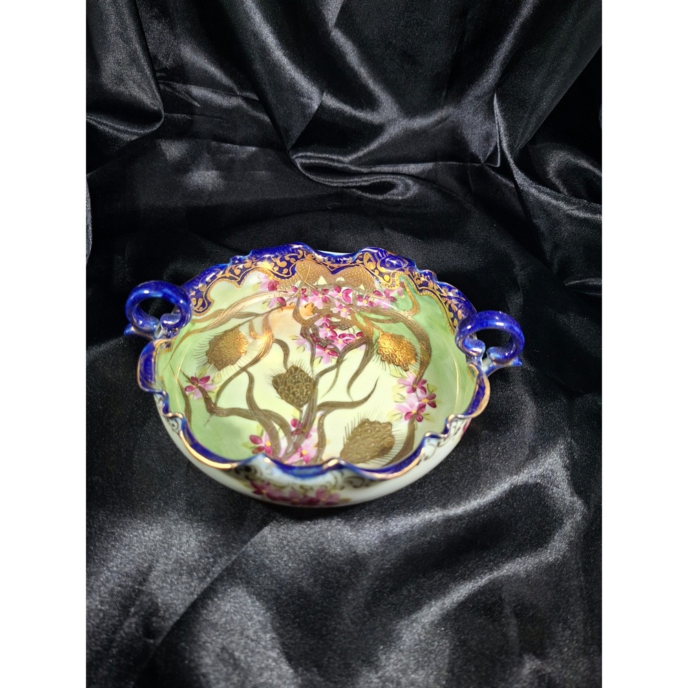 Nippon I.E. & Co Japan Porcelain Hand Painted Thistle Nut Bowl Cobalt Gold Rim